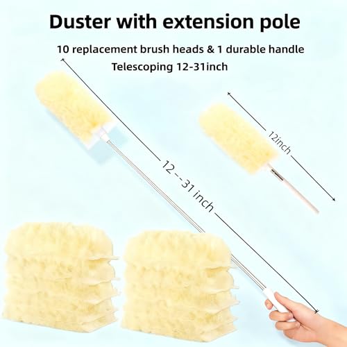 Heavy Duty Duster Refills, Disposable Dusters Kit for Cleaning Dusting Furniture Blind Ceiling Fan, Multi Surface 360 Feather Duster(10)+3FT Extended Handle（1） (Yellow) - color: Yellow