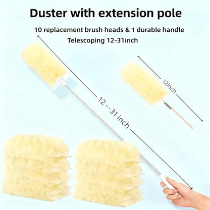 Heavy Duty Duster Refills, Disposable Dusters Kit for Cleaning Dusting Furniture Blind Ceiling Fan, Multi Surface 360 Feather Duster(10)+3FT Extended Handle（1） (Yellow) - color: Yellow
