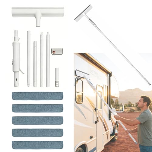 RV Window Cleaning Squeegee with Spray, Max 73.3" Handle, Motorhome & Camper Exterior Glass Cleaner, 3-in-1 Spray Mop for High Windows, Home & Car