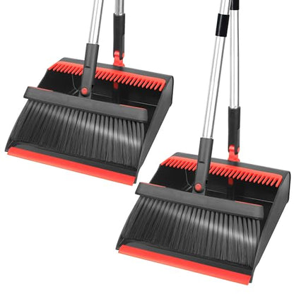 2-Pack Broom and Dustpan Combo Set, with 48" Adjustable Long Stainless Handles, Stand Up Dustpan with Self-Cleaning Teeth, Ideal for Home, Office, Kitchen, Indoor & Outdoor Use, Black