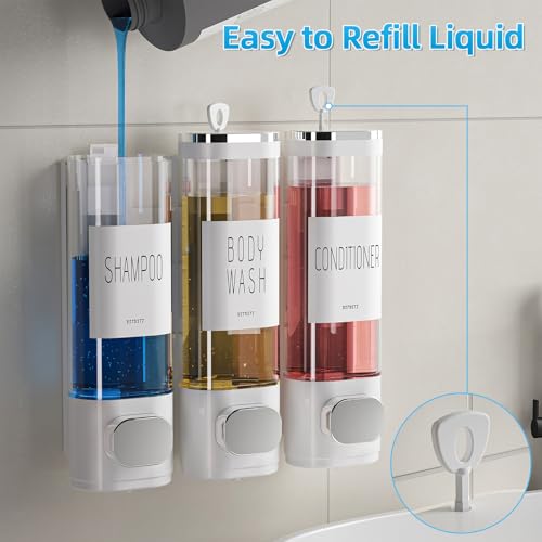 VITVITI Shampoo and Conditioner Dispenser for Shower Wall, Shower Soap Dispenser 3 Chamber No Drill Wall Mounted, 10.2 OZ Plastic Refillable Shower/Body Wash Bottles for Bathroom (White) - color: White