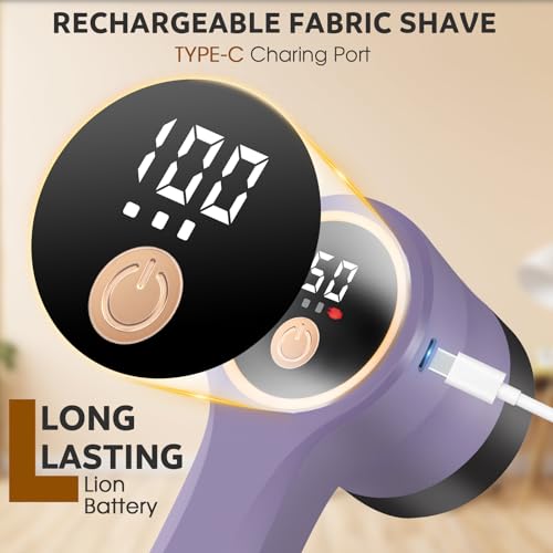 Rechargeable Fabric Shaver, Electric Lint Remover with Digital Display,Portable Sweater Defuzzer with 3 Speeds,6 Leaf Blades, Lint Shaver for Clothing,Furniture, Sofa,Sweater,Blanket… - color: Purple