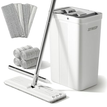 JOYMOOP Mop and Bucket with Wringer Set with 61" Mop Handle with Flexible 13" Flat Head with 8 pcs Microfiber Mop Pads - White
