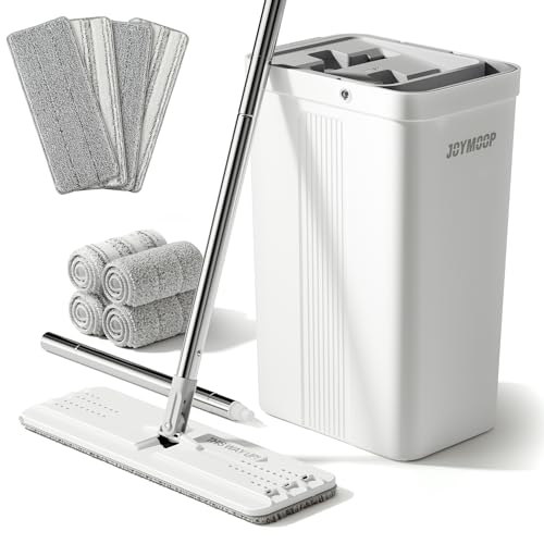 JOYMOOP Mop and Bucket with Wringer Set with 61" Mop Handle with Flexible 13" Flat Head with 8 pcs Microfiber Mop Pads - White