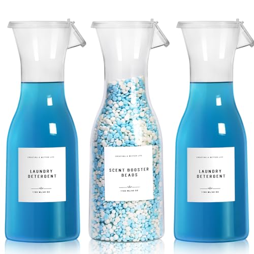 Laundry Detergent Dispenser Bottle 40oz with Waterproof Label for Detergent, Soap, Fabric Softener, Scent Booster Beads, Sturdy PET Bottle for Laundry Room Decor 3 Pack - color: 3 Pack 40oz-White