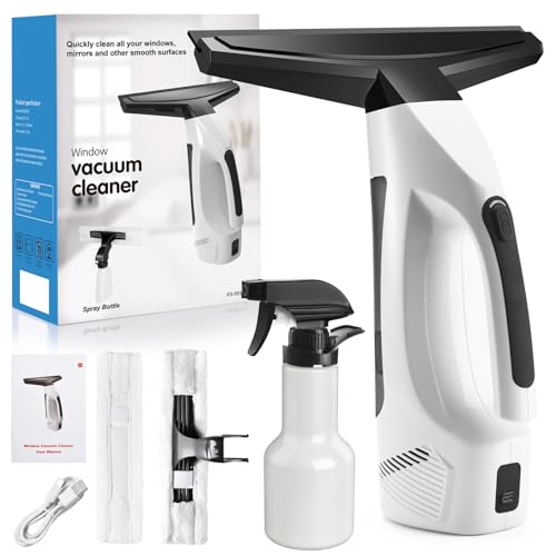 Window Vacuum Squeegee Cordless, 2000Pa Electric Rechargeable Window Cleaner with 200ml Water Tank, Cleaning Kit with Spray Bottle & Microfiber Pad for Glass, Mirror, Shower Door, Car Windshield - color: White-04