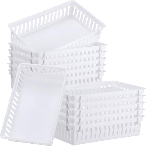 Wenqik Set of 12 Small Plastic Baskets for Organizing 10.24 x 6.5 x 2.36 Inch Pharmacy Baskets Rectangular Trays Plastic Organizer for Office Pharmacy Dorm Kitchens, Closets Shelves(White) - color: White