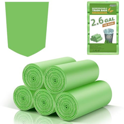 Compostable Trash Bags 2.6 Gallon - Unscented Biodegradable Small Garbage Bags Strong Thick 100 Count 10 Liter Bulk Recycling Waste Basket Liners for Kitchen, Yard, Lawn, Office - style: 2.6Gal-Green-100