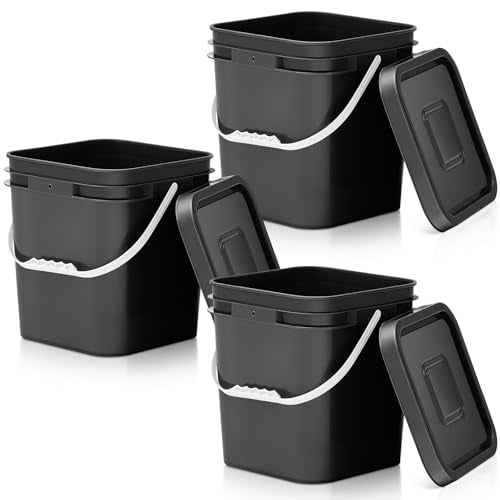 Mumufy 3 Pcs 3.5 Gallon Square Food Grade Bucket with Lid Square Bucket Pail Plastic Handles for Long Term Food Storage, Camping, Fishing, Home Organization Easy Stack and Store (Black) - color: Black