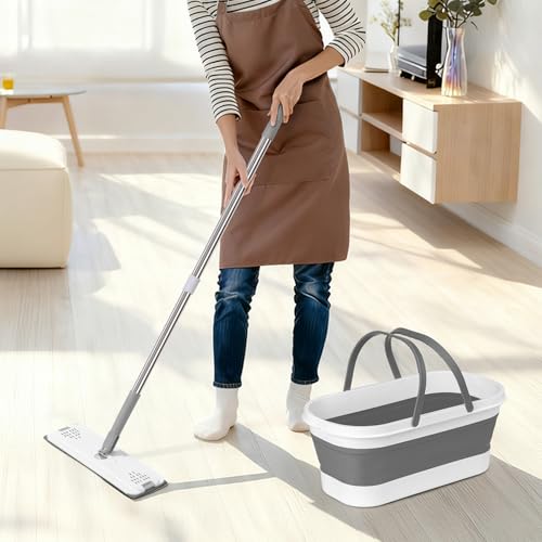 Flat Mop and Bucket Set with Heavy Duty Scrub Brush, 2 Washable Reusable Microfiber Pads, for Tile Hardwood, Wall Cleaning, Home Indoor or Outdoor Cleaning (White-Gray) - size: 5Pcs