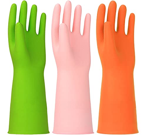3 Pairs Rubber Cleaning Gloves Latex Free Dishwashing Gloves - 13" Reusable Nitrile Gloves Medium, Green+Pink+Orange - color: Green+pink+orange, size: Medium