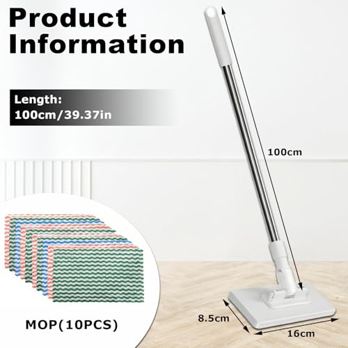 2 PCS Snap Grip Mini Mop Set with 36in Handle & 10 PCS Reusable Cloths, Convenient Cloth Changing Mini Mop Automatic Gripping or Releasing, 360° Rotating Head for Wet & Dry Cleaning, Corners