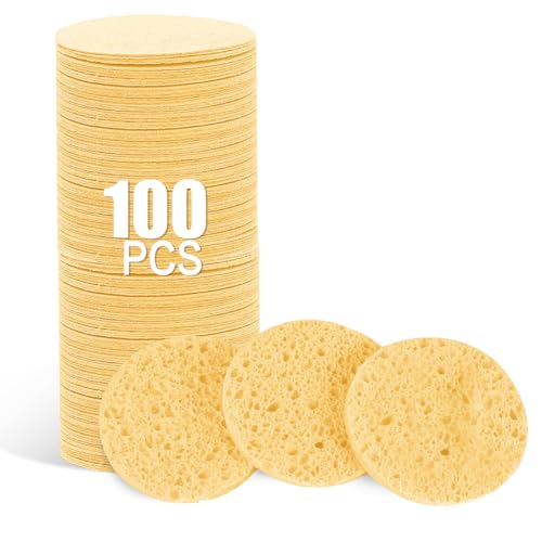 100-Count Facial Sponges Compressed Natural Cellulose Sponge Round Shape Face Sponge for Face Cleansing Exfoliating and Makeup Removal, Yellow - color: 100- Pack Yellow