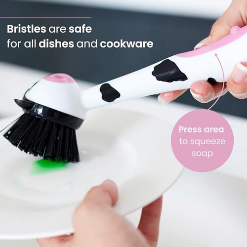 Vigar Soap Dispensing Dish Brush - Moo Cow-Shaped, Dish Brush with Handle and Soap Dispenser, Dish Scrub Brush for Dishes, Pot Scrubber, Sink Scrubber, Kitchen Brush, Kitchen Essentials - White, Black - color: Moo Cow