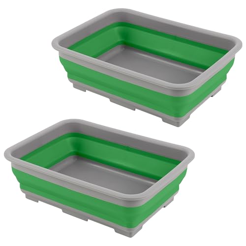 Collapsible Bucket for Cleaning 2-Pack - 7.27L Foldable Wash Bin Dish Tubs - Collapsible Wash Basin or Camping Sink Set for Beach, Tailgating or Soaking Laundry - Cleaning Supplies by Wakeman (Green) - color: Green, size: 2-Pack