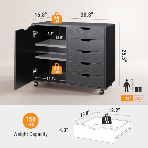 DEVAISE Mobile File Cabinet, 5-Drawer Wood Storage Chest with Door, Printer Stand for Home Office, Black - color: Ebony