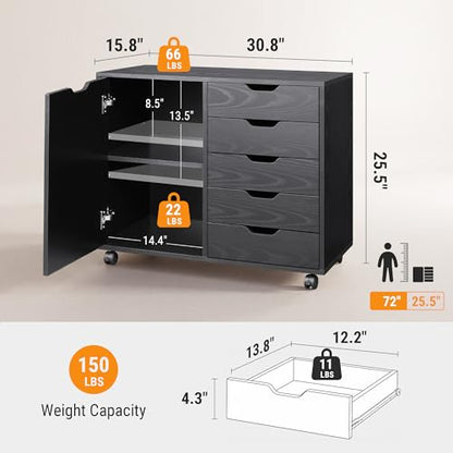 DEVAISE Mobile File Cabinet, 5-Drawer Wood Storage Chest with Door, Printer Stand for Home Office, Black - color: Ebony