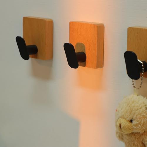 DELITON Towel Hooks Wall Mounted - Adhesive Bathroom Coat Hooks for Hanging Robes Clothes Light Brown, Black Solid Wood Beech Wall Hook 4 Packs - color: Light Brown
