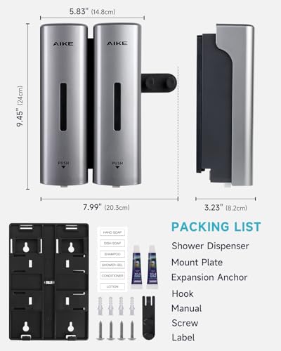 AIKE 2 Chambers Shower Shampoo and Conditioner Dispenser 2 x 11.8 fl.oz. for Bathroom(Silver) - color: Silver, size: Double Chamber