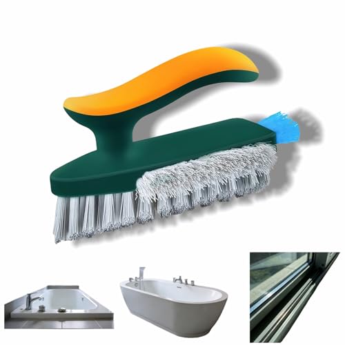 Multifunctional Tile Grout Cleaning Brush with V-Shaped Bristles, 180° Rotating Head, Rubber Wiper Strip, Green and Yellow