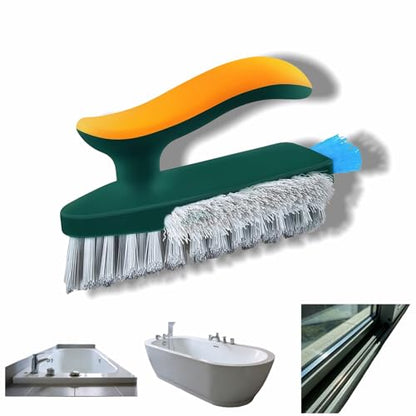 Multifunctional Tile Grout Cleaning Brush with V-Shaped Bristles, 180° Rotating Head, Rubber Wiper Strip, Green and Yellow