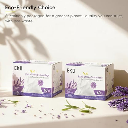 EKO 21 Gallon / 50-90 Liter, 60 Count Drawstring Trash Bags, Extra-Strong Garbage Bags, Lavender Scent with Continuous Odor Control, Easy-Dispense Roll for Kitchen and Household Use, Code G, White - size: 60 Count (Pack of 1), style: 21 Gallon Bags/Code G
