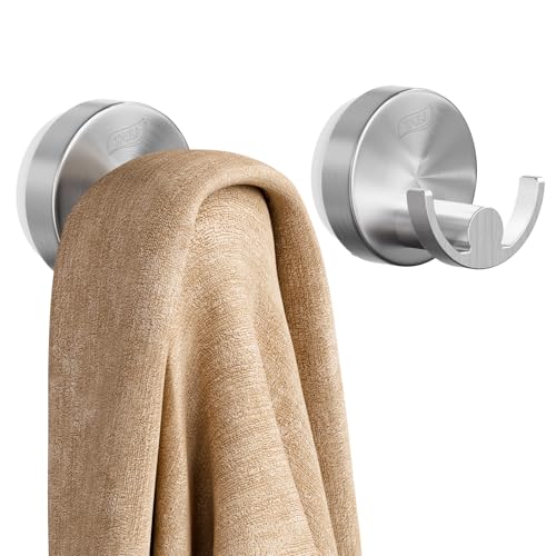 TAILI 304 Stainless Steel Bathroom Suction Hooks for Towel, Bathrobe, Loofah, Patented Strong Suction Cup Holder, No Damage Hanging Glass Shower Wall Hook, Double-Hook Sleek Design, 2 Pack, Silver - color: Sleek Double-Hook, Silver