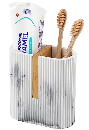 rejomiik Toothbrush Holders Electric Toothbrush Holder for Bathrooms, Bamboo Tooth Brushing and Toothpaste Storage Organizer for Sink, Countertop, Marble White - color: Marble White, size: 2 Slots