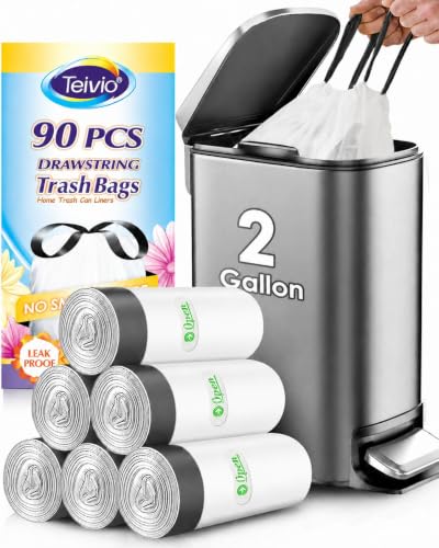 Teivio 2 Gallon 90pcs Strong Drawstring Trash Bags Garbage Bags, Bathroom Trash Can Bin Liners, Small Plastic Bags for Home Office Kitchen, White - style: 80-2Gallon-White