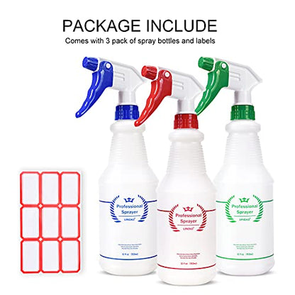 Uineko Plastic Spray Bottle (3 Pack, 32 Oz, 3 Colors) Heavy Duty All-Purpose Empty Spraying Bottles Leak Proof Commercial Mist Water Bottle for Cleaning Solutions Plants Pet with Adjustable Nozzle - size: 32 Oz, 3 Pack