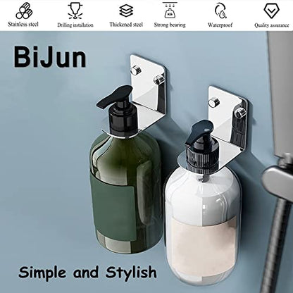 BiJun Soap Bottle Dispenser Holder Wall Mounted, Hand Pump Bottles Dispenser Stand Hanging Rack Shampoo Standing Shelf Storage Holder Bracket for Bathroom Kitchen (Silver 2 Pack) - color: Silver 2 Pack