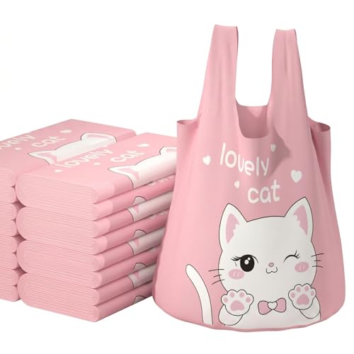 Garbage Bags 13 Gallon Tall Kitchen, 60pcs Pink Trashbags Cute Cat Print Thickened Plastic Garbage Bag Durable Handle Tie Large Pink Trash Bags for Home Office Bathroom Waste Basket And Kitty Litter
