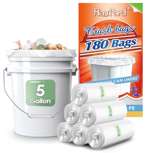 5 Gallon 180 Counts (fit 4.5-5.3 Gal) Small Strong Trash Bags Garbage Bags by RayPard, 18-20 Liter trash Bin Liners for Home Office Kitchen Bathroom Bedroom, 5 Gallon Bucket Liner, Clear - style: 180-5 Gallon-Clear