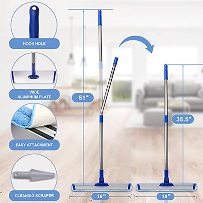 18" Professional Microfiber Mop Floor Cleaning System, Flat Mop with Stainless Steel Handle, 4 Reusable Washable Mop Pads, Wet and Dust Mopping for Hardwood, Vinyl, Laminate, Tile Cleaning - color: Blue