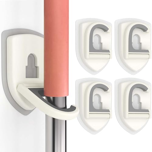 Broom Holder Wall Mount Self Adhesive, Broom and Mop Organizer Wall Hanging, No Drilling Anti-Slip Broom Hook Over Door for Home, Kitchen, Garden, Garage Storage 4-Pack - color: Pearl White, size: 4 Pieces