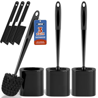 Toilet Brush, 3 Pack Toilet Brush and Holder Set Bathroom Accessories, Toilet Bowl Brush and Holder with 3 Crevice Brush for Bathroom, Toilet Scrubber Brush (Black) - color: Black