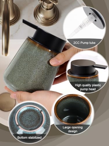 INGOFIN Ceramic Lotion Dispenser - 12 oz Refillable Hand Soap Dispenser Bathroom, Modern Liquid Dispenser with Pump, Dish Soap Dispenser for Kitchen,Kiln-Glazed Green - color: Kiln-glazed Green-liquid