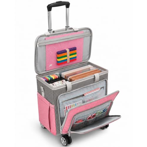Rolling Teacher Tote Bag with Wheels Craft Storage Organizer Bag, Portable Wheeled Craft Cart for Teacher Art Office Scrapbook Supplies, Heavy Duty Multi-Purpose Rolling Tote Pink - color: Pink