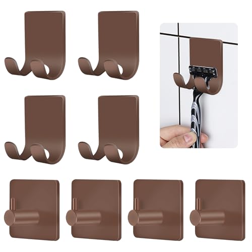 CGBE Razor Holder for Shower, 4 Packs Shaver Holder and Hooks, Self Adhesive Wall Mounts for Bathroom, Damage Free - Brown - color: Brown, size: 8 Pack
