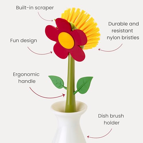 Vigar Flower Power Dish Brush - Flower-Shaped, Dish Brush with Handle, Dish Scrubber with Stand, Scrub Brush for Dishes, Dishwashing Brush, Kitchen Scrub Brush, Kitchen Essentials - White, Red - color: Red