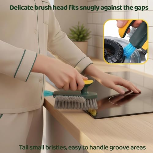 Multifunctional Tile Grout Cleaning Brush with V-Shaped Bristles, 180° Rotating Head, Rubber Wiper Strip, Green and Yellow