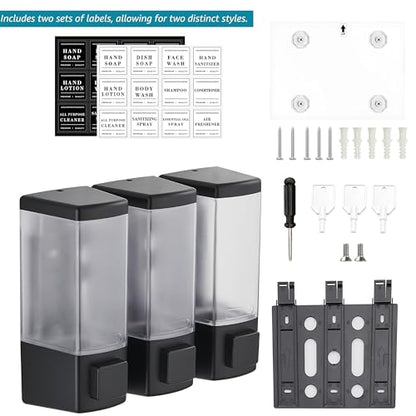 Shampoo and Conditioner Dispenser for Shower,3 Chamber, Black | Wall Mounted, No Drill, 3×16.9oz,ABS Plastic Material,Refillable With Labels, For Bathroom Hotel - color: Black