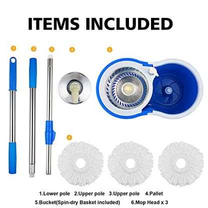 Spin Mop and Bucket with Wringer Set, 360° Mop and Bucket System with 3 Microfiber Mop Refills and 61" Extended Handle, Spinning Mop Bucket for Floor Cleaning, Blue - color: Blue