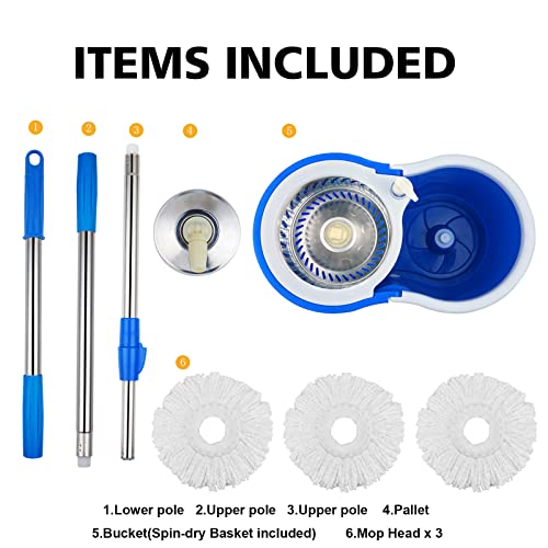 Spin Mop Bucket 360° with Wringer Set, Stainless Steel Mop System, 3 Absorbent Microfiber Mop Head Eefills, for Household Kitchen Floor Cleaning - color: Blue-1