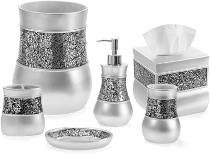 Creative Scents Crackled Glass Silver Bathroom Accessories Set Complete - 6 Piece Bathroom Accessory Set Includes: Trash Can, Tissue Box Cover, Soap Dispenser, Toothbrush Holder, Soap Dish & Tumbler - style: 6 Pc Set 01