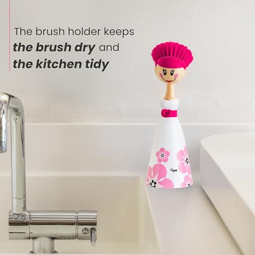 Vigar Dolls April Dish Brush with Ergonomic Handle and Dres-shaped Storage Holder - Scrub Brush for Pans, Pots, Kitchen Sink Cleaning, White, Pink - color: White, Pink