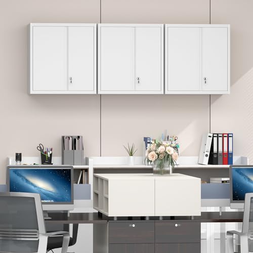 GREATMEET Locking Metal Wall Cabinet, Metal Storage Cabinet with 2 Shelves, Wall Mount Cabinet with Lock, Floating Garage Cabinets with Adjustable Shelf - color: White, size: 27.95"H