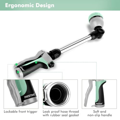 RESTMO Metal Watering Wand, Heavy Duty Garden Hose Wand with 180° Swivel Ratcheting Head, 16'' Hose Nozzle Sprayer with 7 Spray Patterns and Flow Control, for Water Hanging Baskets and Shrubs, Cyan - color: Cyan