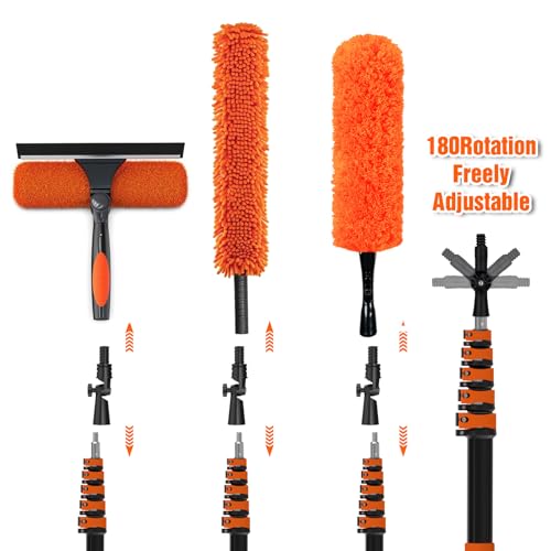 26FT Reach Duster Kit, Window Cleaning with 5-20FT Telescoping Extension Pole, High Ceiling Duster, Microfiber Feather Duster, Cobweb Duster, Window Squeegee, Feather Duster, Extendable Pole Kit - color: Orange, size: 20FT