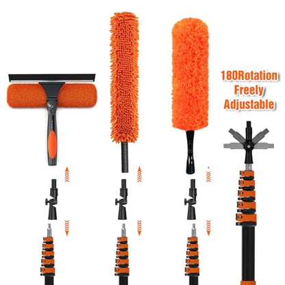 30FT Reach Duster Kit, Window Cleaning with 5-24FT Telescoping Extension Pole, High Ceiling Duster, Microfiber Feather Duster, Cobweb Duster, Window Squeegee, Feather Duster, Extendable Pole Kit - color: Orange, size: 24FT